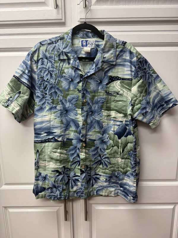 VINTAGE RJC Shirt Men Large Blue & Green Palm Print Camp Hawaiian USA