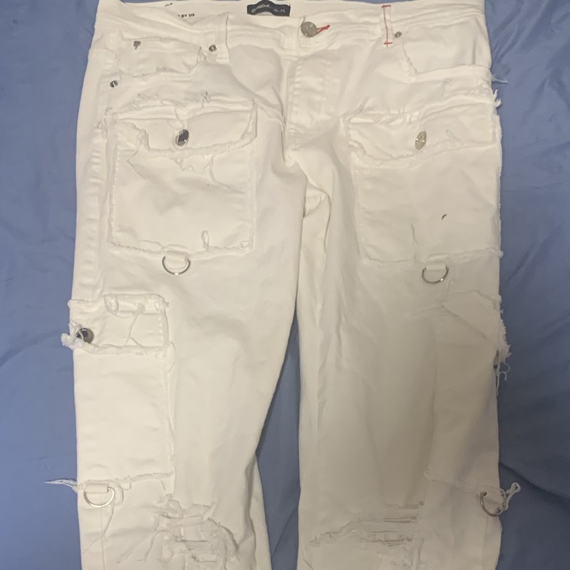 PREME Men’s White Distressed Cargo Jeans D-Ring Accents Cotton Denim