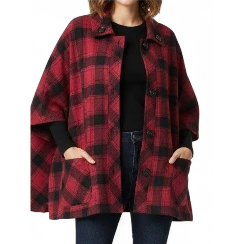 Coldwater Creek XL Buffalo Plaid Cape Poncho Jacket Red Black Wool