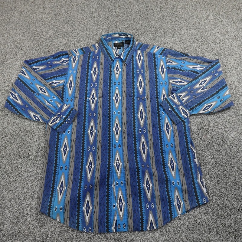 High Noon Shirt Mens XL Blue Pearl Snap Aztec Navajo Western Cowboy Rodeo Serape