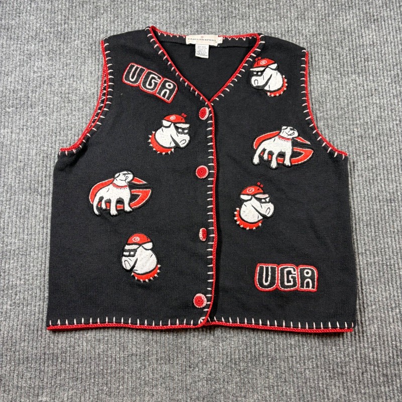 Castles Sport Women UGA Georgia Bulldogs Knit Sweater Vest Black Red Size L