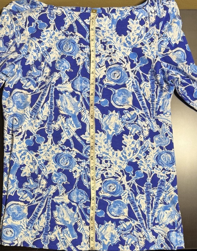 Lilly Pulitzer Blue/White Floral Boat Neck 3/4 Ruffle Sleeve Knit Top S gallery