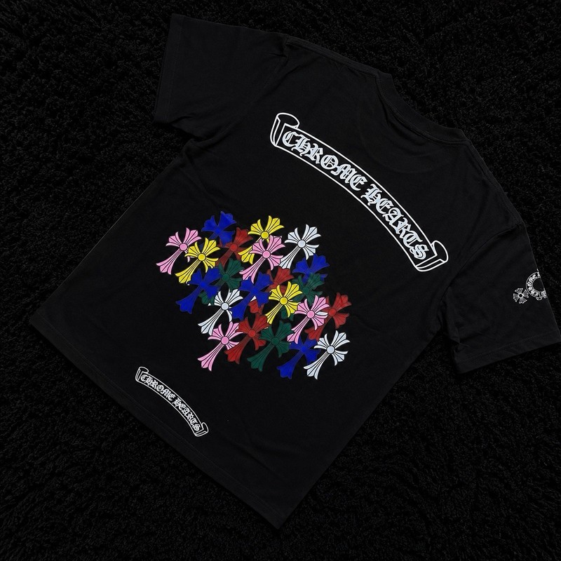 Chrome Hearts Men’s Crew Neck Short Sleeve Graphic Flower Print Black T-Shirt S