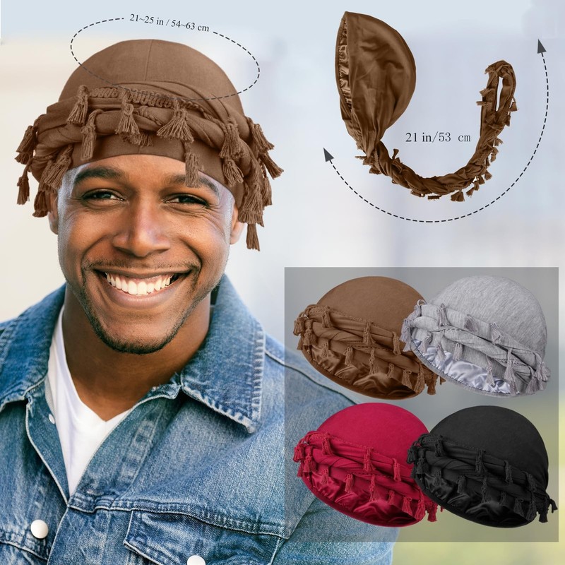 MLTUARG 4 Pieces Satin Lined Turban One Size, Black+light Gray+wine Red+khaki gallery