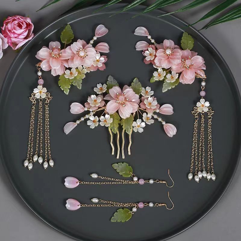 Hanfu Hair Accessory Set Fairy Tassel Clip Comb Ear Hook Pink Floral