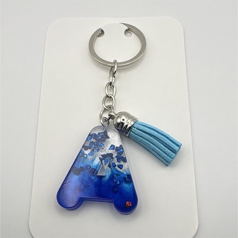 Blue Metal Letter A Initial Keychain with Tassel Accent, Silver Women’s