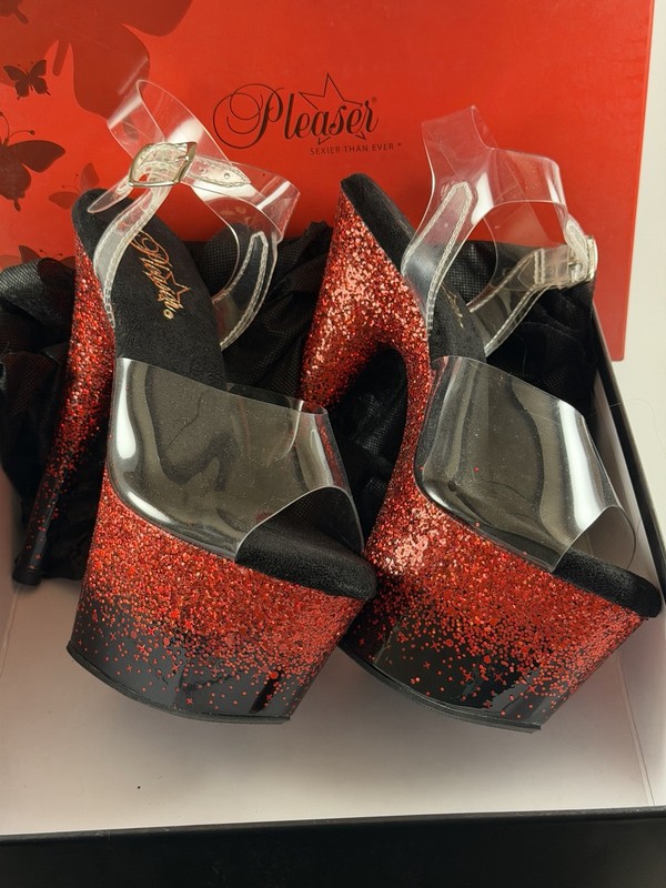 Pleaser Sexy Red Glitter Clear Strap Platform Stiletto Heels Sparkly Shoes US 8