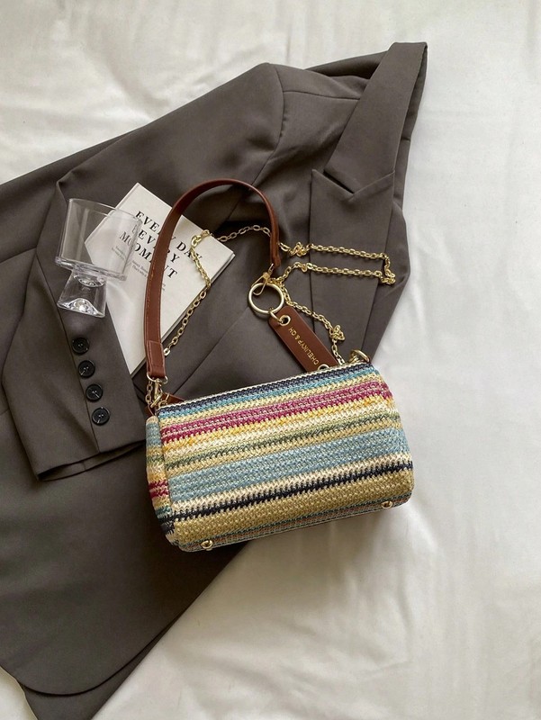 New Spring Summer Contrast Striped Woven Straw Shoulder Bag, Fashion Letter gallery