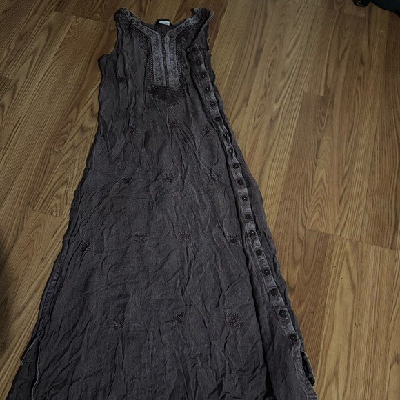 L’ Pogee Brown Embroidered One Size Tank Maxi Sun Dress Hippie Bohemian Grunge