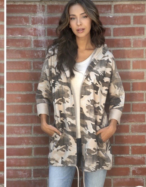 Women’s Gray/White/Black Camo Hooded Open Front Jacket Pockets Drawstring