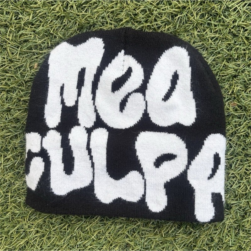 Men’s Black Beanie Hat White Graphic Print “Mea Culpa” Text One Size
