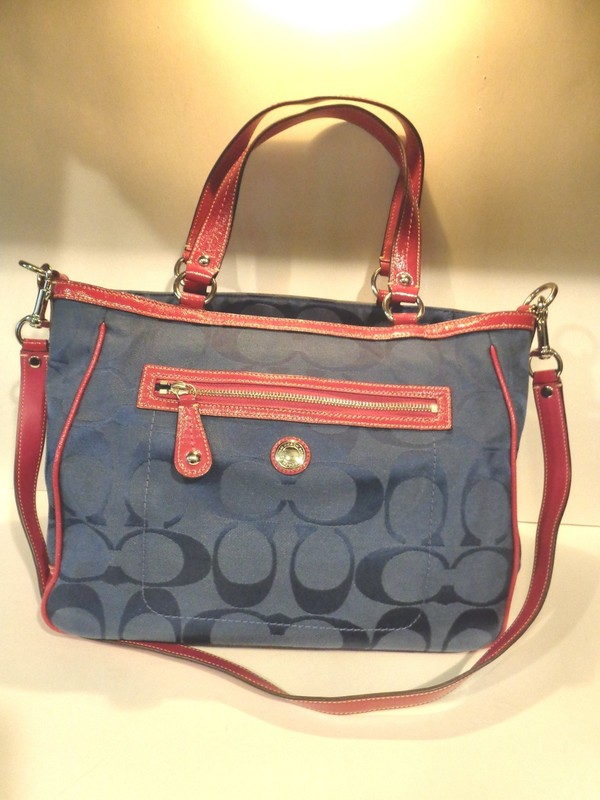 COACH F14941 NAVY BLUE CANVAS RED LEATHER SIGNATURE TOTE BAG