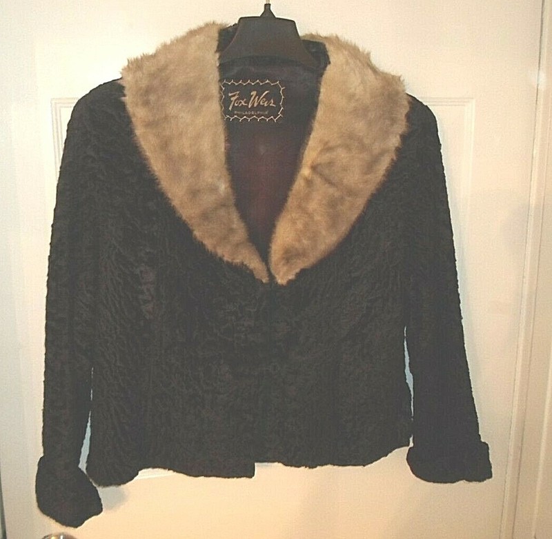 Vintage FOX WEIS Black Faux Persian Lamb w/Gray Real Mink Fur Collar L/S Jacket