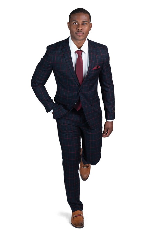 Slim Fit Windowpane Plaid Mens Suit Black & Red 2 Button Notch Lapel AZAR MAN