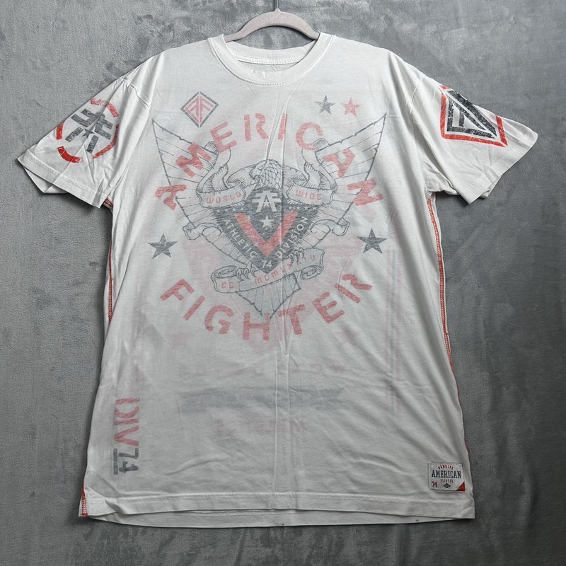 American Fighter Shirt Mens XL White Orange MMA UFC Graphic Buckle Athletic Tee