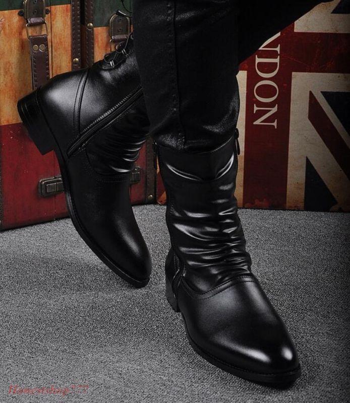 British Mens Pointed Toe Ankle Boots High Top Side Zipper Shoes Winter Biker gallery