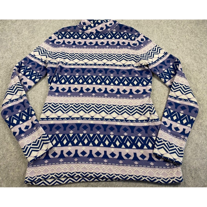 Duluth Trading Co Coolmax Mock Neck Geometric Fair Isle Top Purple & Blue Small