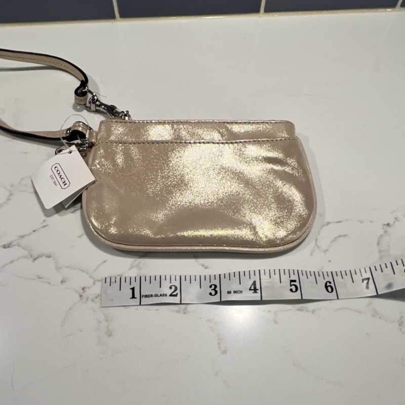 Coach Champagne Gold Metallic Clutch Wrist Strap Logo Tag Designer gallery