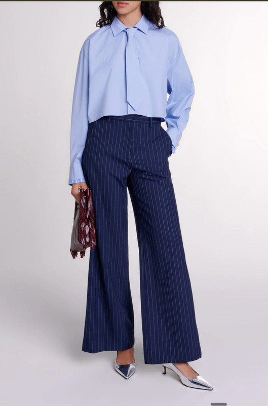 NWT Maje Light Blue Cropped Button Down Shirt with Removable Tie Size S Small gallery