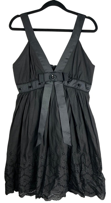 Vintage Wet Seal Dress L Black Babydoll Coquette Y2K Ribbon Bow Eyelet Lace Mini