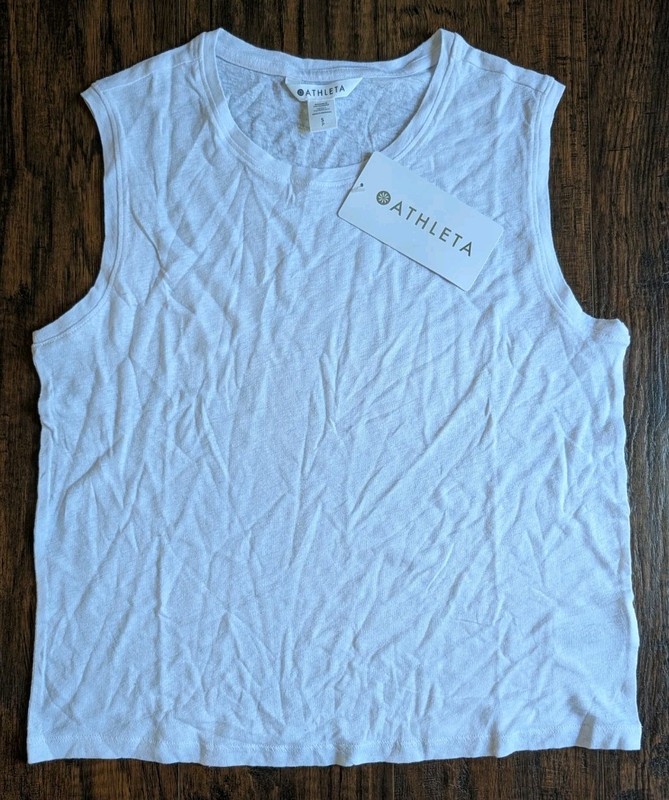Athleta Bright White Getaway Linen Blend Muscle Tank Top Stretch, SMALL, NEW