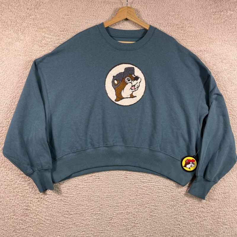 Buc-ee’s Sweatshirt Women’s Large Teal Beaver Logo Crewneck Pullover Cropped NWT
