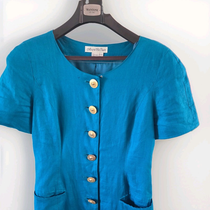 Marie St. Claire Teal 90s Vtg Mom Coat Dress Size 12 Giant Gold Buttons Linen gallery