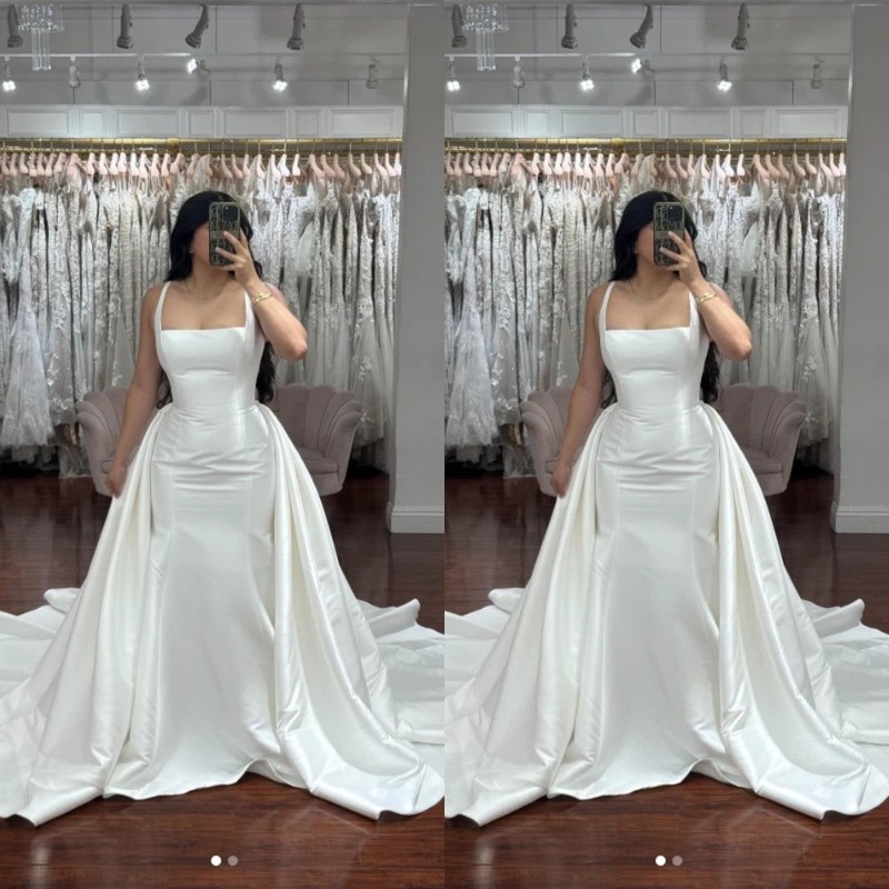 Mermaid Wedding Dresses With Detachable Train Satin Sleeveless Bridal Gown