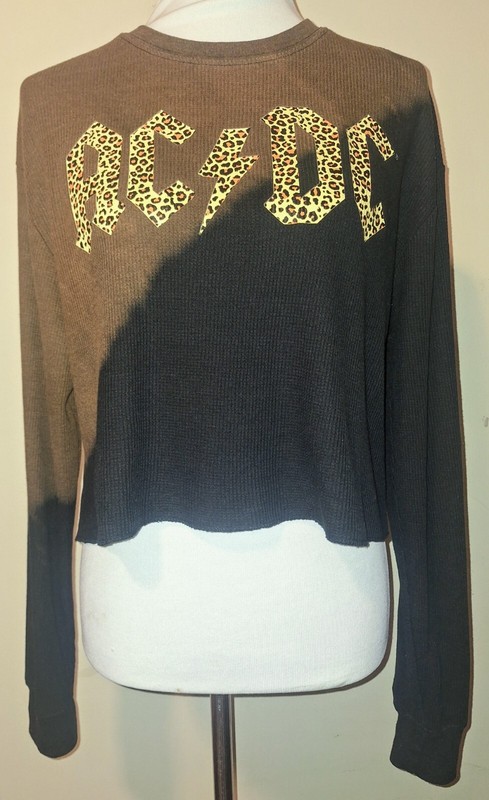 AC/DC Black & Brown Color blocked Long Sleeve Leopard Thermal Sz XL Cropped Top