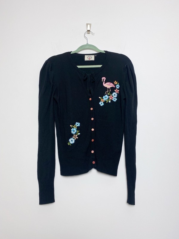 Banned Apparel Cardigan Size S Black 50s Rockabilly Pinup Retro Floral Flamingo