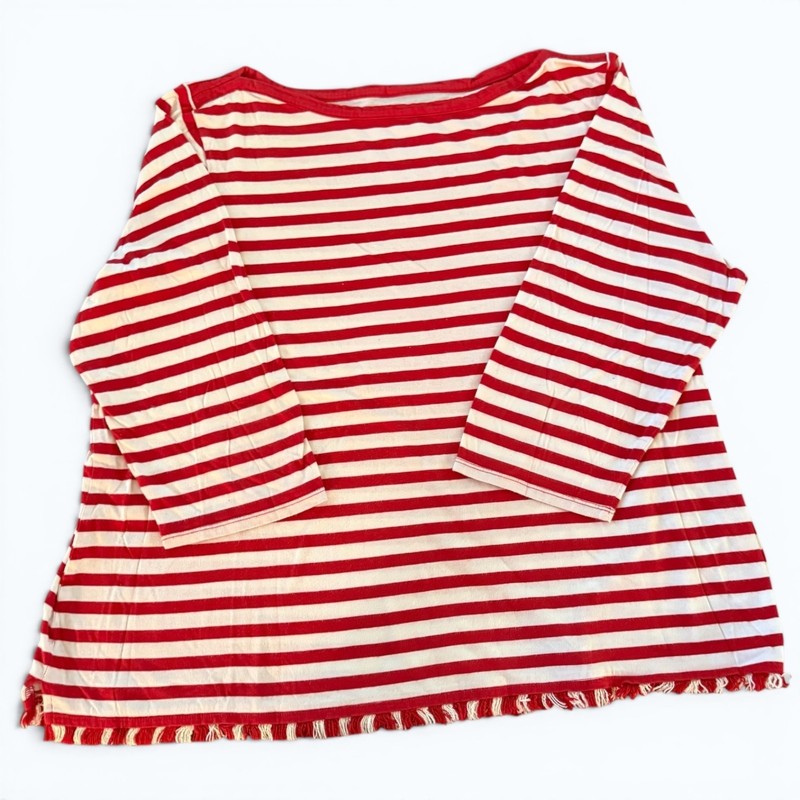 Talbots Woman Plus Red White Striped Fringe Hem Top 2X Nautical Boat Neck Preppy