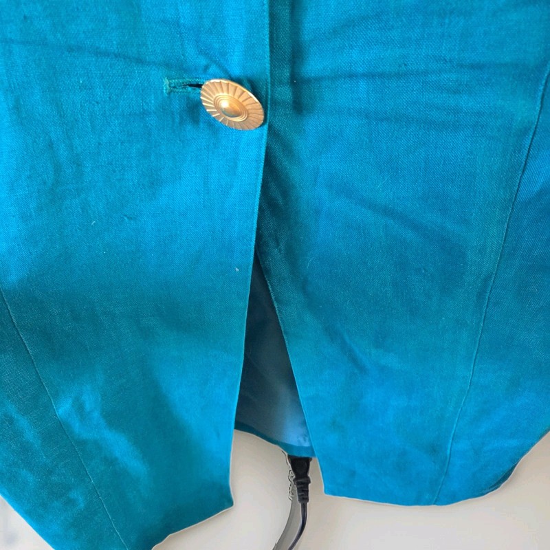 Marie St. Claire Teal 90s Vtg Mom Coat Dress Size 12 Giant Gold Buttons Linen gallery