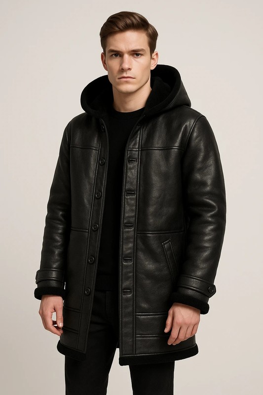 Men’s Black Faux Shearling Hooded Coat | Real Shearling Winter Jacket…