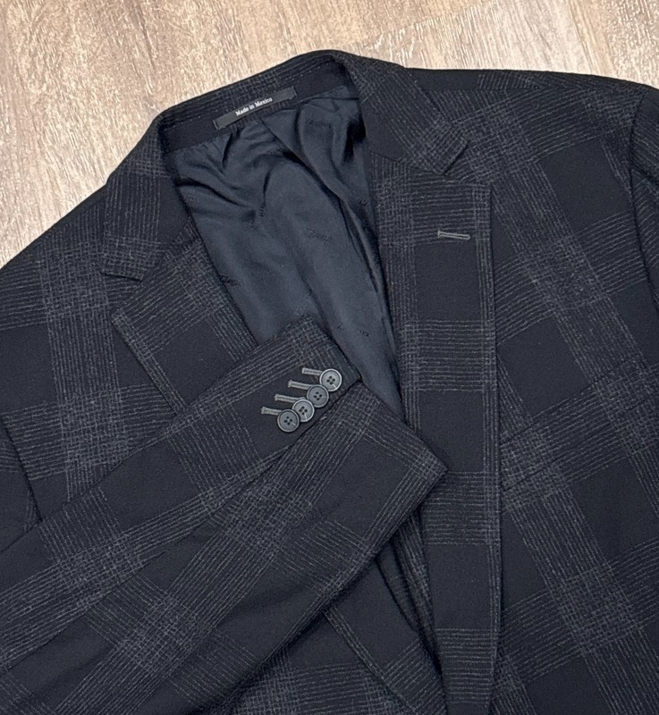 Z Zegna Black Gray Windowpane Wool Blazer EU 58R US 48R Textured Sport Coat