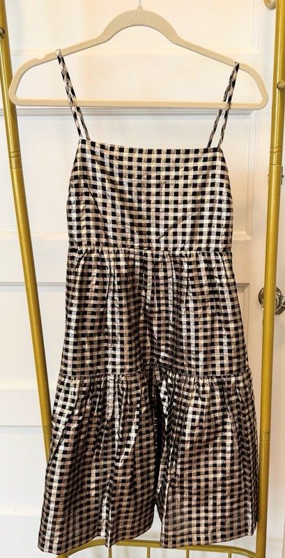 J. Crew Black/Gold Metallic Gingham Tiered Dress, Size 4.