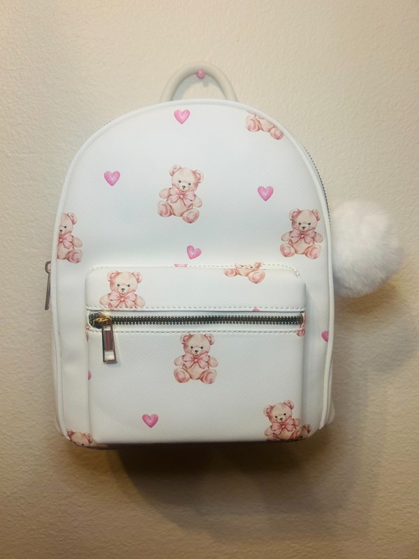 Like Dreams Women’s Mini Backpack Teddy Bear White Adjustable Straps Pompom
