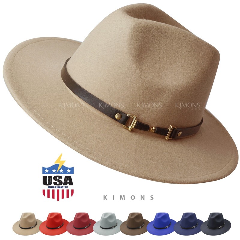 Wool Fedora Hat Felt Panama Cap Jazz Classic Wide Brim Belt Buckle Church Cowboy