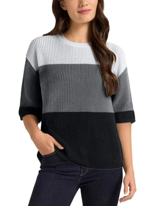 Matty M Women’s M Rib-Knit Colorblock Crew Neck 3/4 Sleeve Pullover Sweater