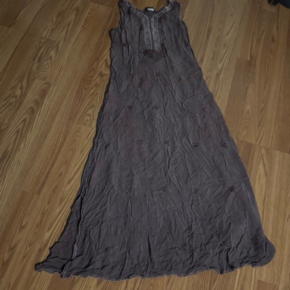 L’ Pogee Brown Embroidered One Size Tank Maxi Sun Dress Hippie Bohemian Grunge gallery