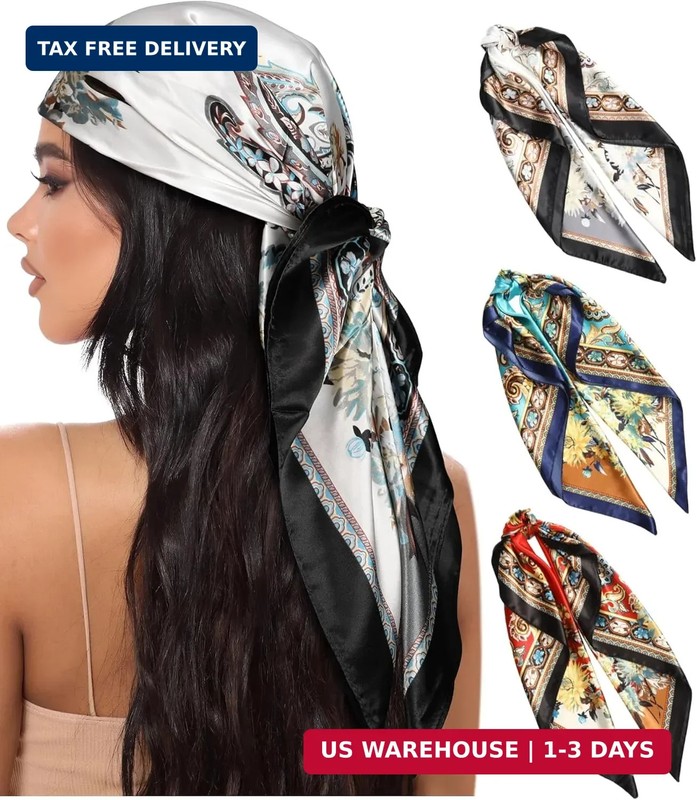 AWAYTR 35″ Large Square Satin Head Scarf – 3Pcs Satin Hair Scarves Silk Bandana