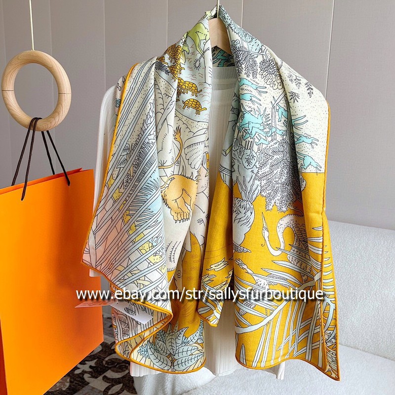 Sally Cashmere & Silk Wrap Scarf Animals Print Double Face Shawl Hand Rolled 53" gallery