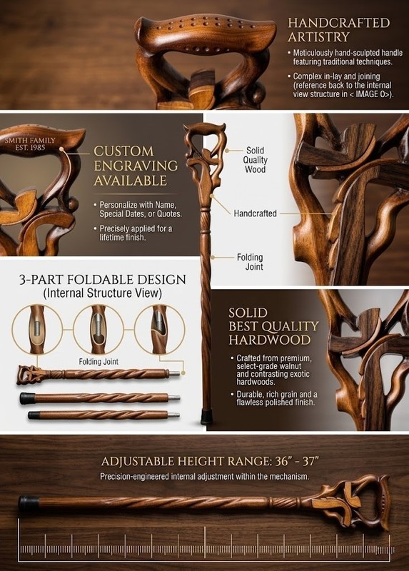 Handcrafted Wooden Walking Stick - Elegant Walnut & Maple Inlay Collapsible 37" gallery