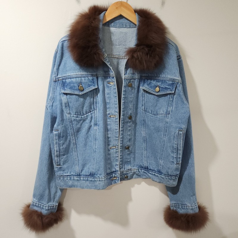 Vintage Y2K Real Fur Trim Denim Jacket Classic Old Money City Outdoor Boho