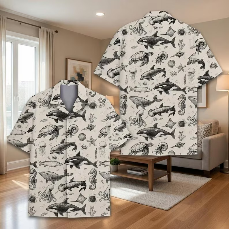 Marine Life Hawaiian Shirt, Vintage Ocean Animal Aloha Button Down