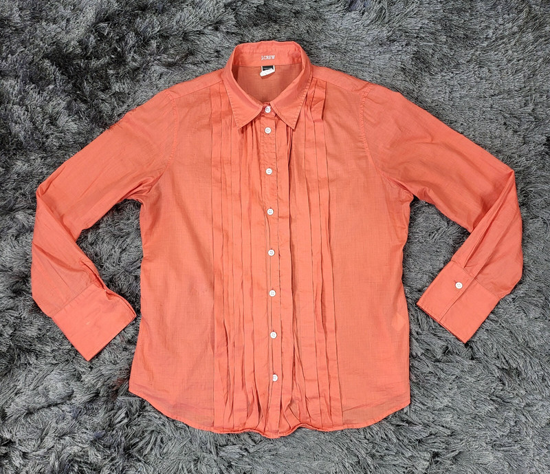 J. Crew Shirt Womens Large Petite Orange Peach Cotton Slim Fit Pleated Button-Up
