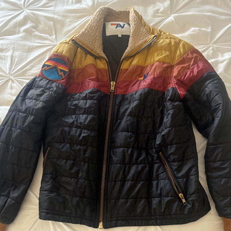 Aviator Nation unisex S Colorblock Puffer Jacket Full Zip Faux Shearling Collar gallery