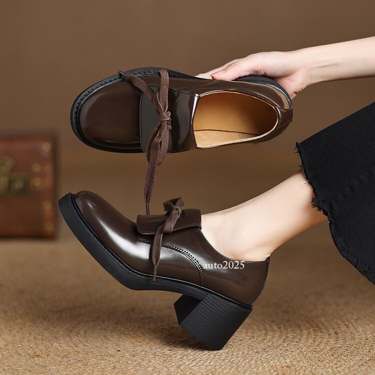 Women's Lace Up Round Toe 6cm Mid Block Heels British Style Shoes Fashion Spring gallery