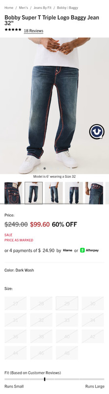 $249 True Religion Mens Bobby Super T Triple Logo Baggy Jeans | Choose Size👖