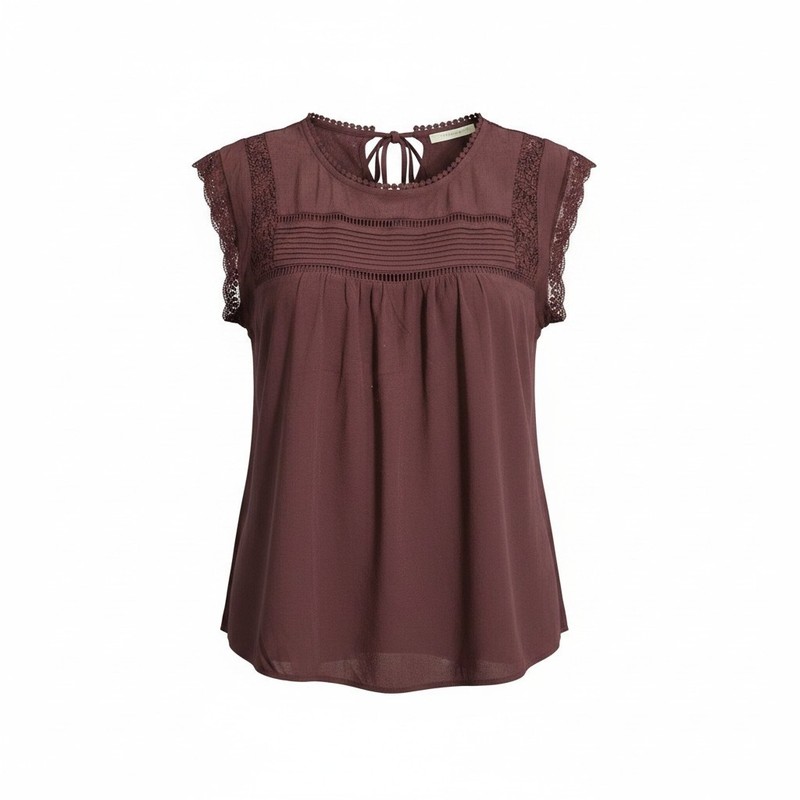 Daniel Rainn Blouse Burgundy Cap Sleeve Crochet Lace Yoke Pintuck Boho Top