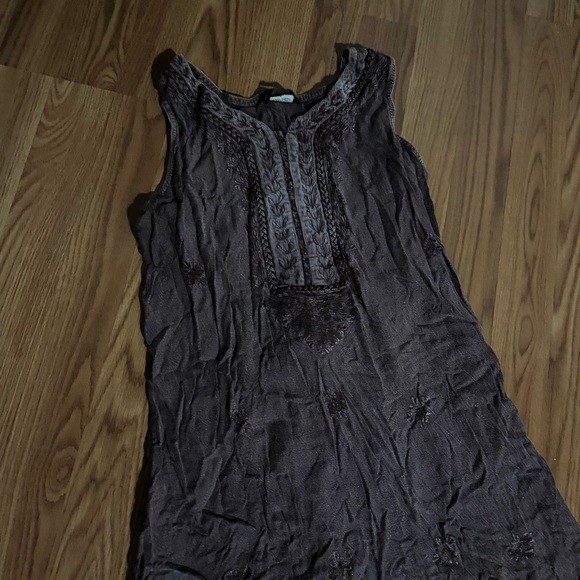 L’ Pogee Brown Embroidered One Size Tank Maxi Sun Dress Hippie Bohemian Grunge gallery